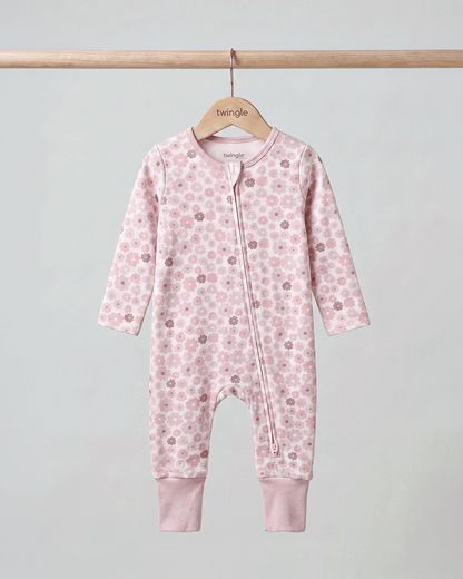 Twingle 100% Organic Cotton Sleepsuit-Zip Guard to Protect Baby's Chin & Neck-Two Way Zipper for Easy Diaper Change-Inbuilt Booties & Mittens-Floral Print-White-For Infants
