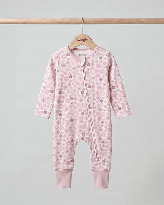 Twingle 100% Organic Cotton Sleepsuit-Zip Guard to Protect Baby's Chin & Neck-Two Way Zipper for Easy Diaper Change-Inbuilt Booties & Mittens-Floral Print-White-For Infants
