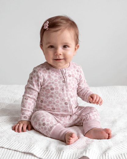 Twingle 100% Organic Cotton Sleepsuit-Zip Guard to Protect Baby's Chin & Neck-Two Way Zipper for Easy Diaper Change-Inbuilt Booties & Mittens-Floral Print-White-For Infants