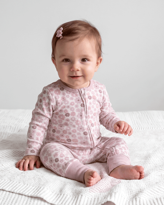Twingle 100% Organic Cotton Sleepsuit-Zip Guard to Protect Baby's Chin & Neck-Two Way Zipper for Easy Diaper Change-Inbuilt Booties & Mittens-Floral Print-White-For Infants
