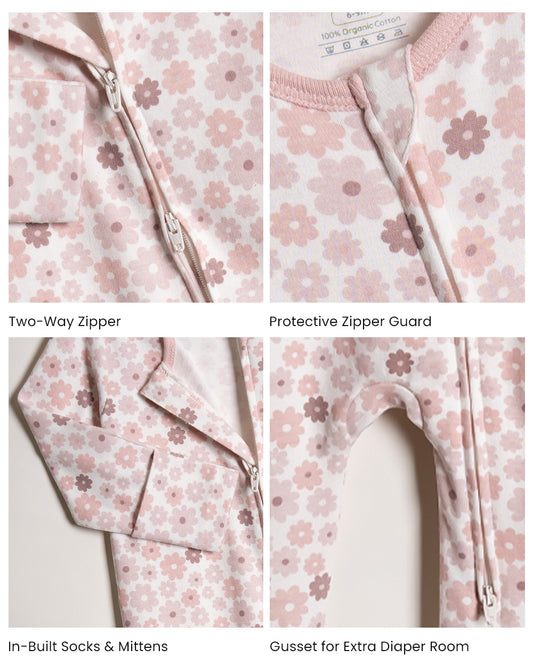 Twingle 100% Organic Cotton Sleepsuit-Zip Guard to Protect Baby's Chin & Neck-Two Way Zipper for Easy Diaper Change-Inbuilt Booties & Mittens-Floral Print-White-For Infants