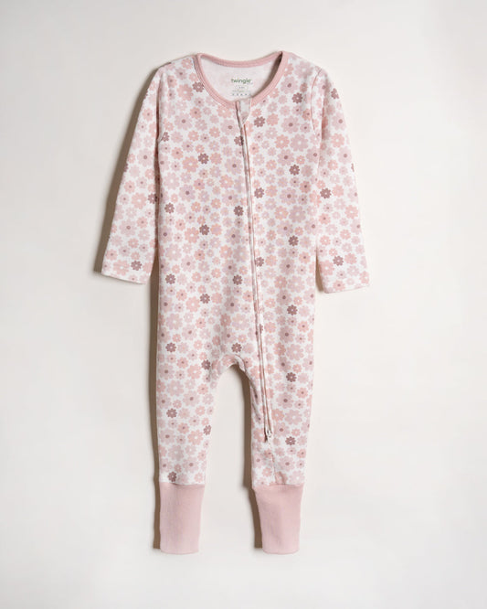 Twingle 100% Organic Cotton Sleepsuit-Zip Guard to Protect Baby's Chin & Neck-Two Way Zipper for Easy Diaper Change-Inbuilt Booties & Mittens-Floral Print-Pastel Pink-For Infants-Pack of 2-For Infants