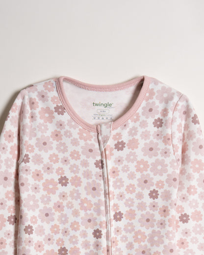 Twingle 100% Organic Cotton Baby Zipsuit-Sleepsuit-Two Way Zipper-Inbuilt Booties & Mittens-White-Floral Print-For Infants