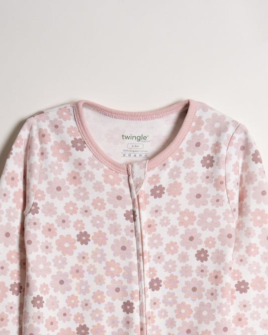 Twingle 100% Organic Cotton Baby Zipsuit-Sleepsuit-Two Way Zipper-Inbuilt Booties & Mittens-White-Floral Print-For Infants