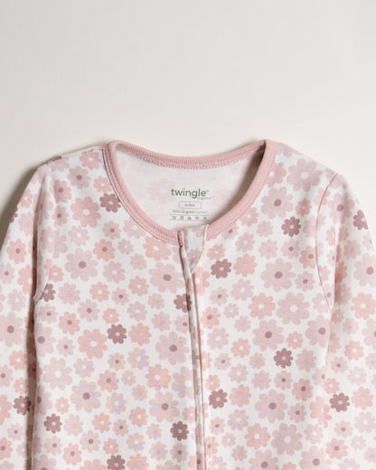 Twingle 100% Organic Cotton Sleepsuits-Zip Guard to Protect Baby's Chin & Neck-Two Way Zipper for Easy Diaper Change-Inbuilt Booties & Mittens-Long Sleeves-Hearts & Stars & Floral Print-White & Pastel Pink-Pack of 2-For Infants