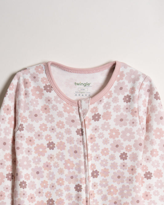Twingle 100% Organic Cotton Sleepsuit-Zip Guard to Protect Baby's Chin & Neck-Two Way Zipper for Easy Diaper Change-Inbuilt Booties & Mittens-Floral Print-Pastel Pink-For Infants-Pack of 2-For Infants