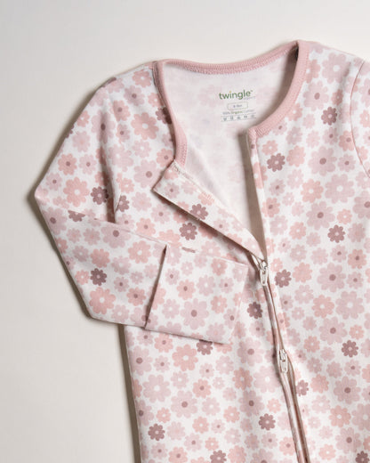 Twingle 100% Organic Cotton Sleepsuits-Zip Guard to Protect Baby's Chin & Neck-Two Way Zipper for Easy Diaper Change-Inbuilt Booties & Mittens-Long Sleeves-Hearts & Stars & Floral Print-White & Pastel Pink-Pack of 2-For Infants