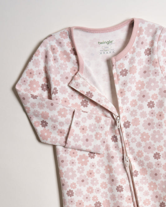 Twingle 100% Organic Cotton Baby Zipsuits-Sleepsuits-Two Way Zipper-Inbuilt Booties & Mittens-White & Pastel Pink-Hearts & Stars & Floral Print-Pack of 2-For Infants