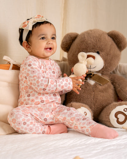 Twingle 100% Organic Cotton Baby Zipsuit-Sleepsuit-Two Way Zipper-Inbuilt Booties & Mittens-White-Floral Print-For Infants