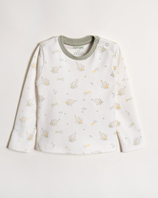 Twingle 100% Organic Cotton T-shirt-Tag-Free Comfort-Easy Shoulder Snaps-White-Elephant Print-For Infants