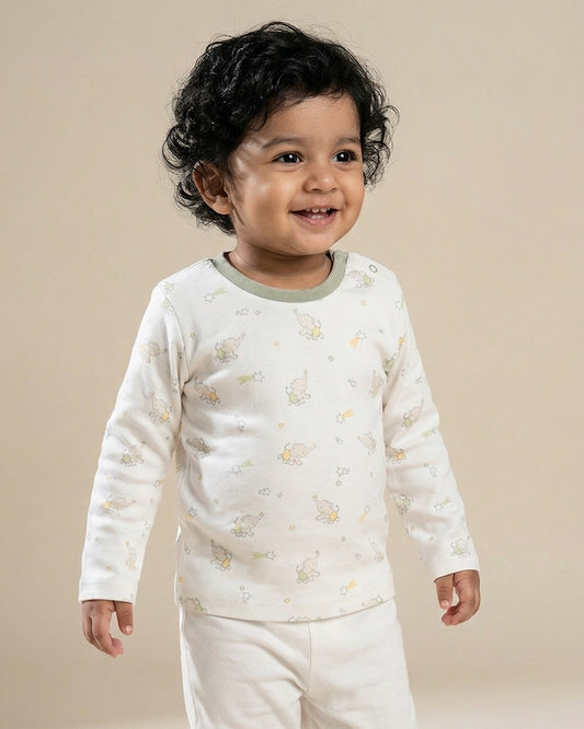 Twingle 100% Organic Cotton T-shirt-No Itchy Neck Tags-Shoulder Snaps for Easy Dressing-Long Sleeves-Elephant Print-White-For Infants