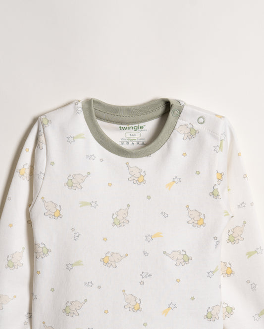 Twingle 100% Organic Cotton T-shirt-Tag-Free Comfort-Easy Shoulder Snaps-White-Elephant Print-For Infants