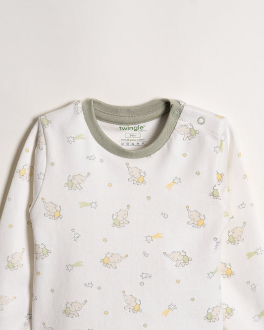 Twingle 100% Organic Cotton T-shirt & Leggings Set-Tag-Free Comfort-Easy Shoulder Snaps-White-Elephant Print-For Infants
