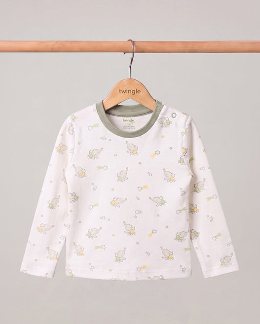 Twingle 100% Organic Cotton T-shirt-No Itchy Neck Tags-Shoulder Snaps for Easy Dressing-Long Sleeves-Elephant Print-White-For Infants