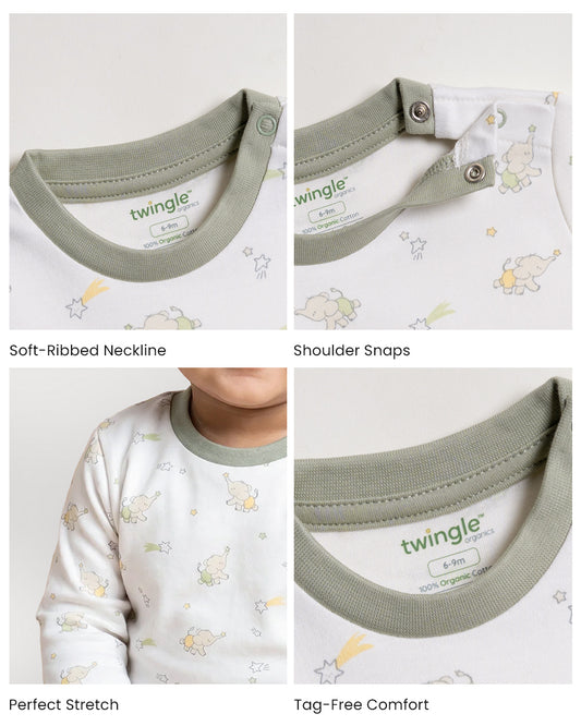 Twingle 100% Organic Cotton T-shirt-No Itchy Neck Tags-Shoulder Snaps for Easy Dressing-Long Sleeves-Elephant Print-White-For Infants