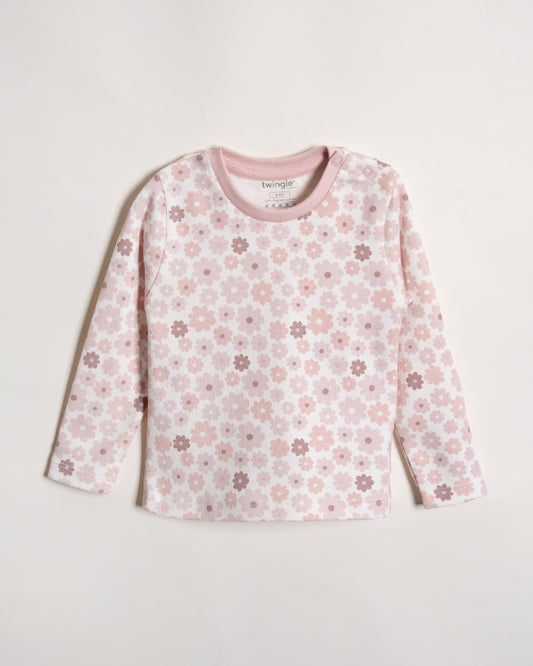 Twingle 100% Organic Cotton T-shirt-No Itchy Neck Tags-Shoulder Snaps for Easy Dressing-Long Sleeves-Floral Print-White-For Infants