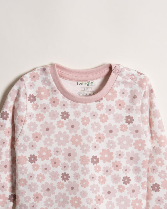 Twingle 100% Organic Cotton T-shirt-No Itchy Neck Tags-Shoulder Snaps for Easy Dressing-Long Sleeves-Floral Print-White-For Infants