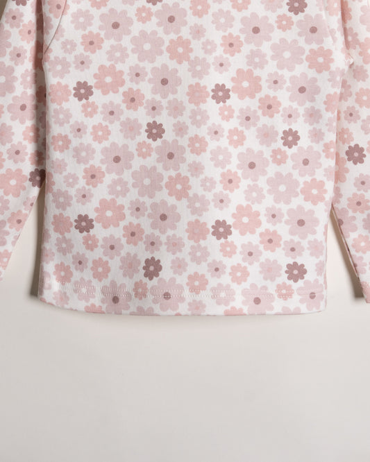 Twingle 100% Organic Cotton T-shirt-No Itchy Neck Tags-Shoulder Snaps for Easy Dressing-Long Sleeves-Floral Print-White-For Infants