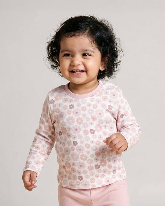 Twingle 100% Organic Cotton T-shirt-No Itchy Neck Tags-Shoulder Snaps for Easy Dressing-Long Sleeves-Floral Print-White-For Infants