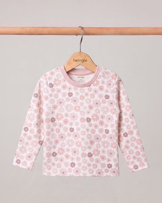 Twingle 100% Organic Cotton T-shirt-No Itchy Neck Tags-Shoulder Snaps for Easy Dressing-Long Sleeves-Floral Print-White-For Infants