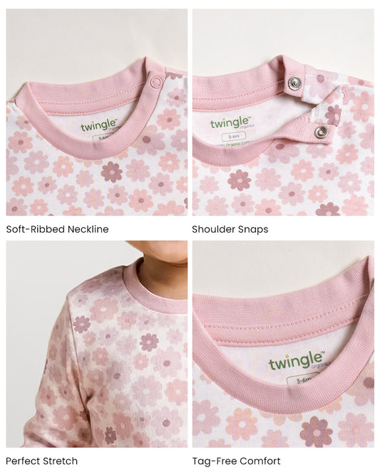 Twingle 100% Organic Cotton T-shirt-No Itchy Neck Tags-Shoulder Snaps for Easy Dressing-Long Sleeves-Floral Print-White-For Infants