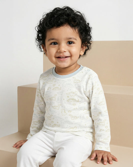 Twingle 100% Organic Cotton T-shirt-No Itchy Neck Tags-Shoulder Snaps for Easy Dressing-Long Sleeves-Dino Print-White-For Infants
