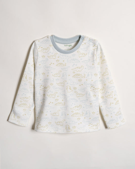 Twingle 100% Organic Cotton T-shirt & Leggings Set-Tag-Free Comfort-Easy Shoulder Snaps-White-Dino Print-For Infants