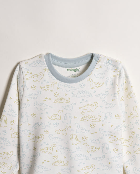 Twingle 100% Organic Cotton T-shirt-No Itchy Neck Tags-Shoulder Snaps for Easy Dressing-Long Sleeves-Dino Print-White-For Infants