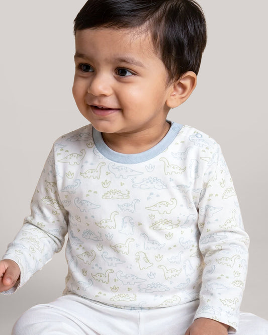 Twingle 100% Organic Cotton T-shirt-No Itchy Neck Tags-Shoulder Snaps for Easy Dressing-Long Sleeves-Dino Print-White-For Infants