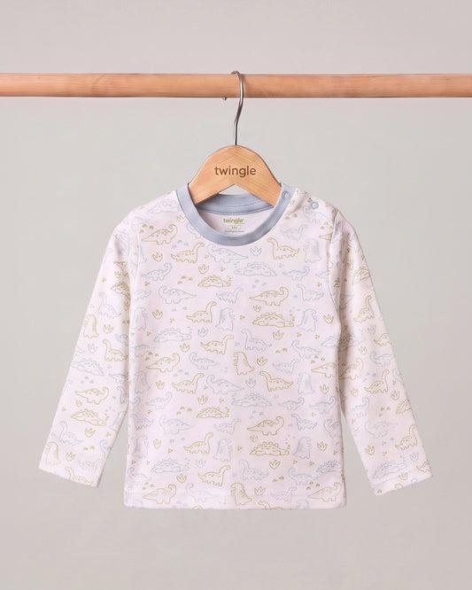 Twingle 100% Organic Cotton T-shirt-No Itchy Neck Tags-Shoulder Snaps for Easy Dressing-Long Sleeves-Dino Print-White-For Infants