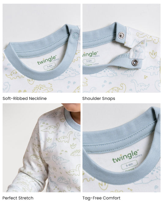 Twingle 100% Organic Cotton T-shirt-No Itchy Neck Tags-Shoulder Snaps for Easy Dressing-Long Sleeves-Dino Print-White-For Infants