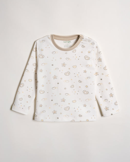 Twingle 100% Organic Cotton T-shirt-Tag-Free Comfort-Easy Shoulder Snaps-White-Hearts & Stars Print-For Infants