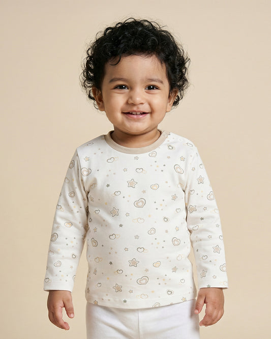 Twingle 100% Organic Cotton T-shirt-No Itchy Neck Tags-Shoulder Snaps for Easy Dressing-Long Sleeves-Hearts & Stars Print-White-For Infants