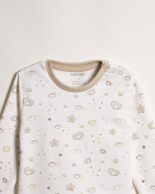 Twingle 100% Organic Cotton T-shirt-Tag-Free Comfort-Easy Shoulder Snaps-White-Hearts & Stars Print-For Infants