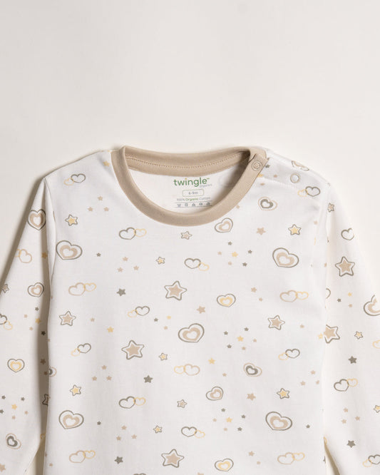 Twingle 100% Organic Cotton T-shirt & Leggings Set-Tag-Free Comfort-Easy Shoulder Snaps-White-Hearts & Stars Print-For Infants