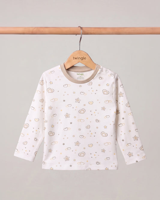 Twingle 100% Organic Cotton T-shirt-No Itchy Neck Tags-Shoulder Snaps for Easy Dressing-Long Sleeves-Hearts & Stars Print-White-For Infants