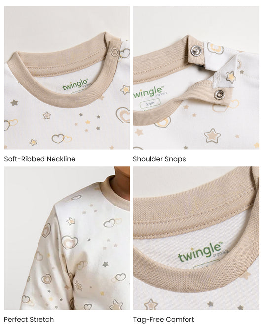 Twingle 100% Organic Cotton T-shirt-No Itchy Neck Tags-Shoulder Snaps for Easy Dressing-Long Sleeves-Hearts & Stars Print-White-For Infants