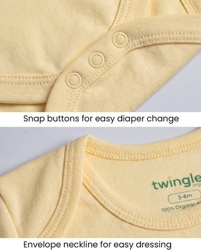 Twingle 100% Organic Cotton Bodysuit-Envelope Neck for Easy Dressing-Nickel Free Snaps-Short Sleeves-Solid-Yellow-For Infants