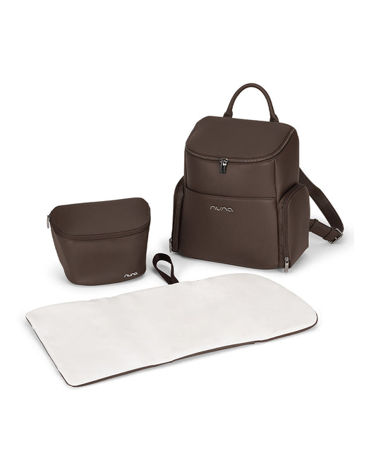Nuna Essential Diaper Bag-Backpack-Changing Pad With Magnetic Closure-Removable Toiletry Pouch-Back Pocket Unzips Into Trolley Sleeve-Cocoa