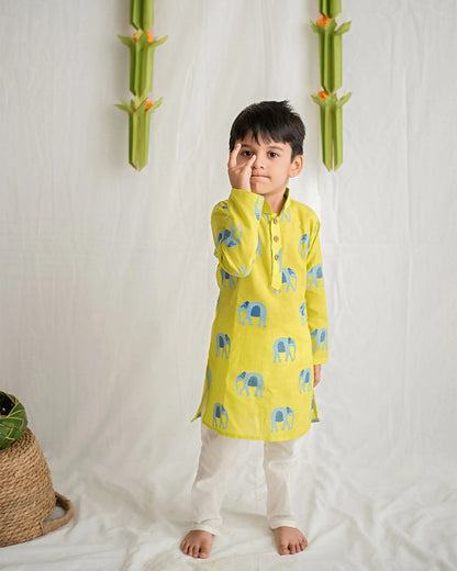 Mouse in The House Green Kurta Set-Giant Elephant-Cotton-For Infants