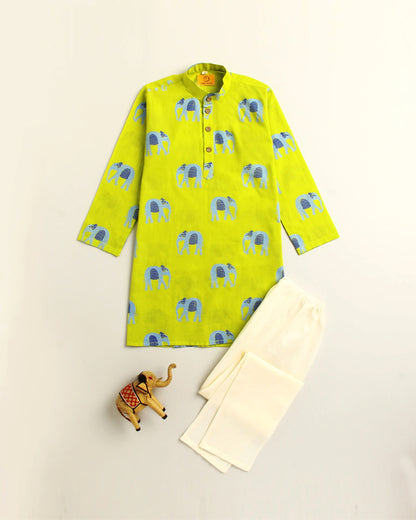 Mouse in The House Green Kurta Set-Giant Elephant-Cotton-For Infants