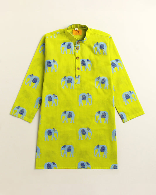 Mouse in The House Green Kurta Set-Giant Elephant-Cotton-For Infants