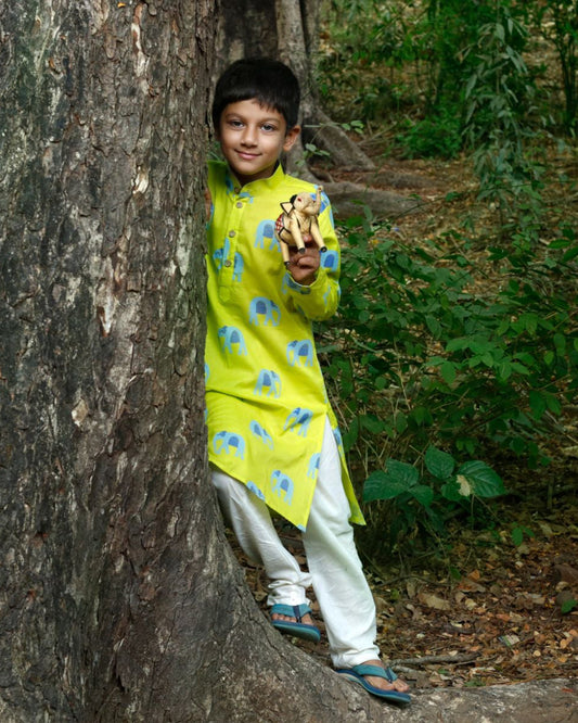 Mouse in The House Green Kurta Set-Giant Elephant-Cotton-For Infants