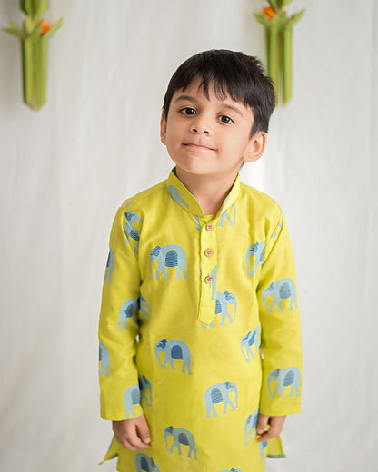 Mouse in The House Green Kurta Set-Giant Elephant-Cotton-For Infants