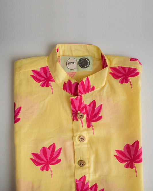 Mouse in The House Yellow Kurta Set-Printed-Lotus Bloom-For Infants