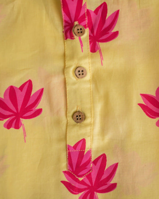 Mouse in The House Yellow Kurta Set-Printed-Lotus Bloom-For Infants