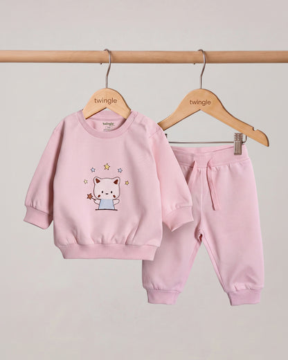 Twingle 100% Organic Cotton Jogger Set-Hypoallergenic Fabric-No Itchy Tags-Soft Elasticated Waistband-Long Sleeves-Solid-Pastel Pink-For Infants