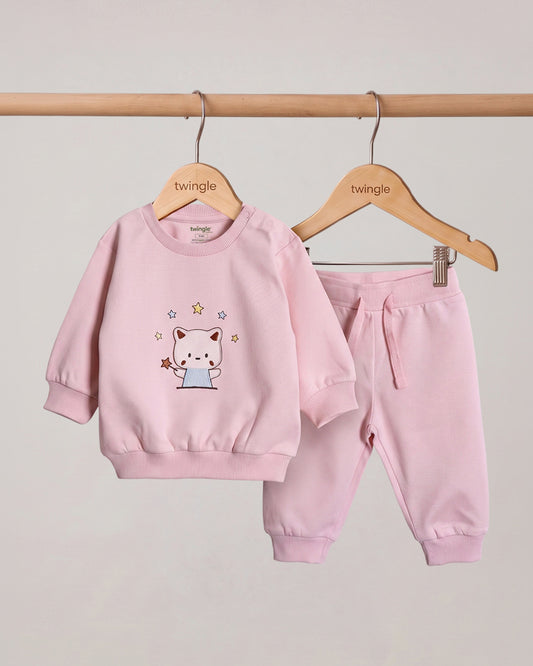 Twingle 100% Organic Cotton Jogger Set-Hypoallergenic Fabric-No Itchy Tags-Soft Elasticated Waistband-Long Sleeves-Solid-Pastel Pink-For Infants