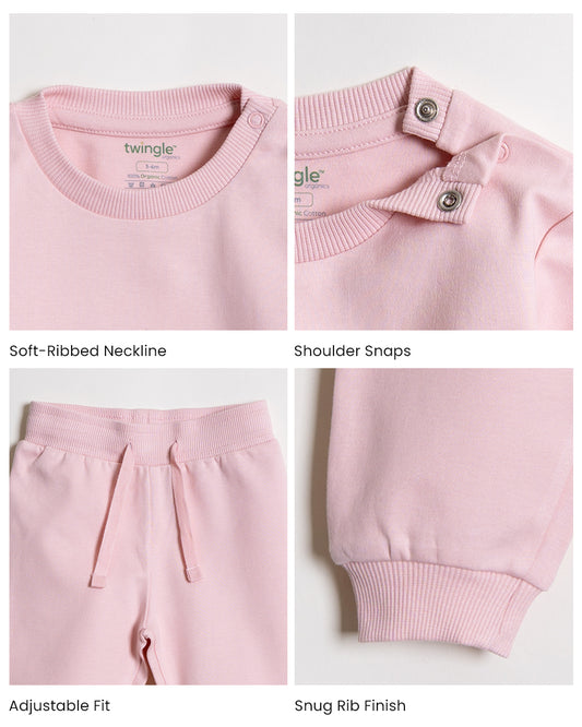 Twingle 100% Organic Cotton Jogger Set-Hypoallergenic Fabric-No Itchy Tags-Soft Elasticated Waistband-Long Sleeves-Solid-Pastel Pink-For Infants