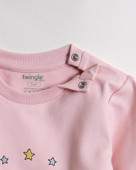 Twingle 100% Organic Cotton Sweatshirt & Joggers Set-Adjustable Waistband-Tag-Free Design-Pastel Pink-Solid-For Infants